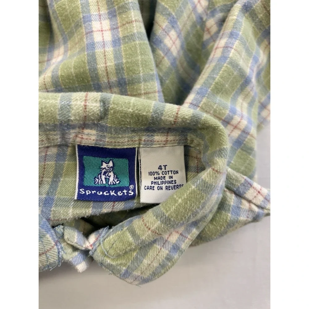 Vintage 90s Spruckets Kids Plaid Flannel Shirt Green Blue Button Front Size 4T